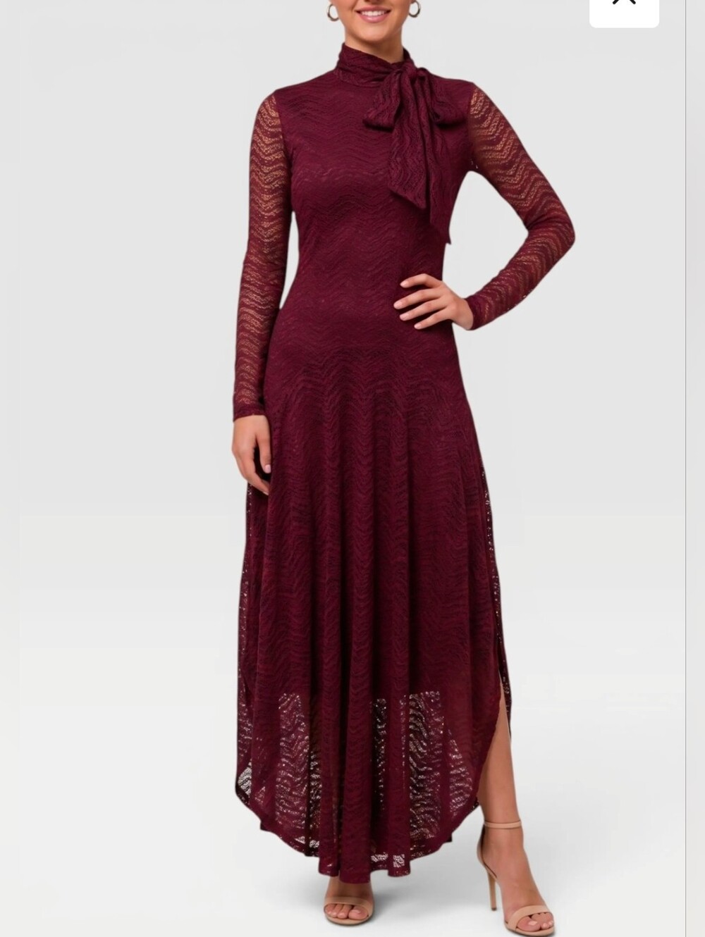RACHEL Rachel Roy Burgundy Lace Maxi Dress with Neck Tie Beatrice Long Sleeve - Picture 1 of 9